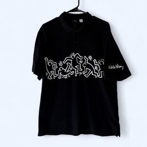H&M Keith Haring‎ Mens Relaxed Fit Black Polo Shirt Art Graphic Size S